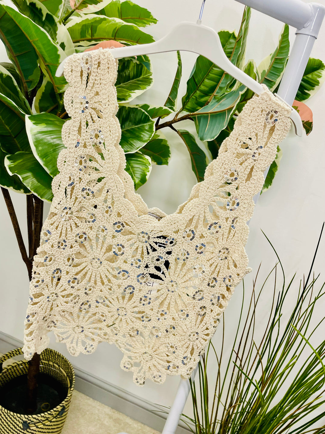 WOMENS CROCHET SEQUIN SUMMER TOP - WHITE & BEIGE