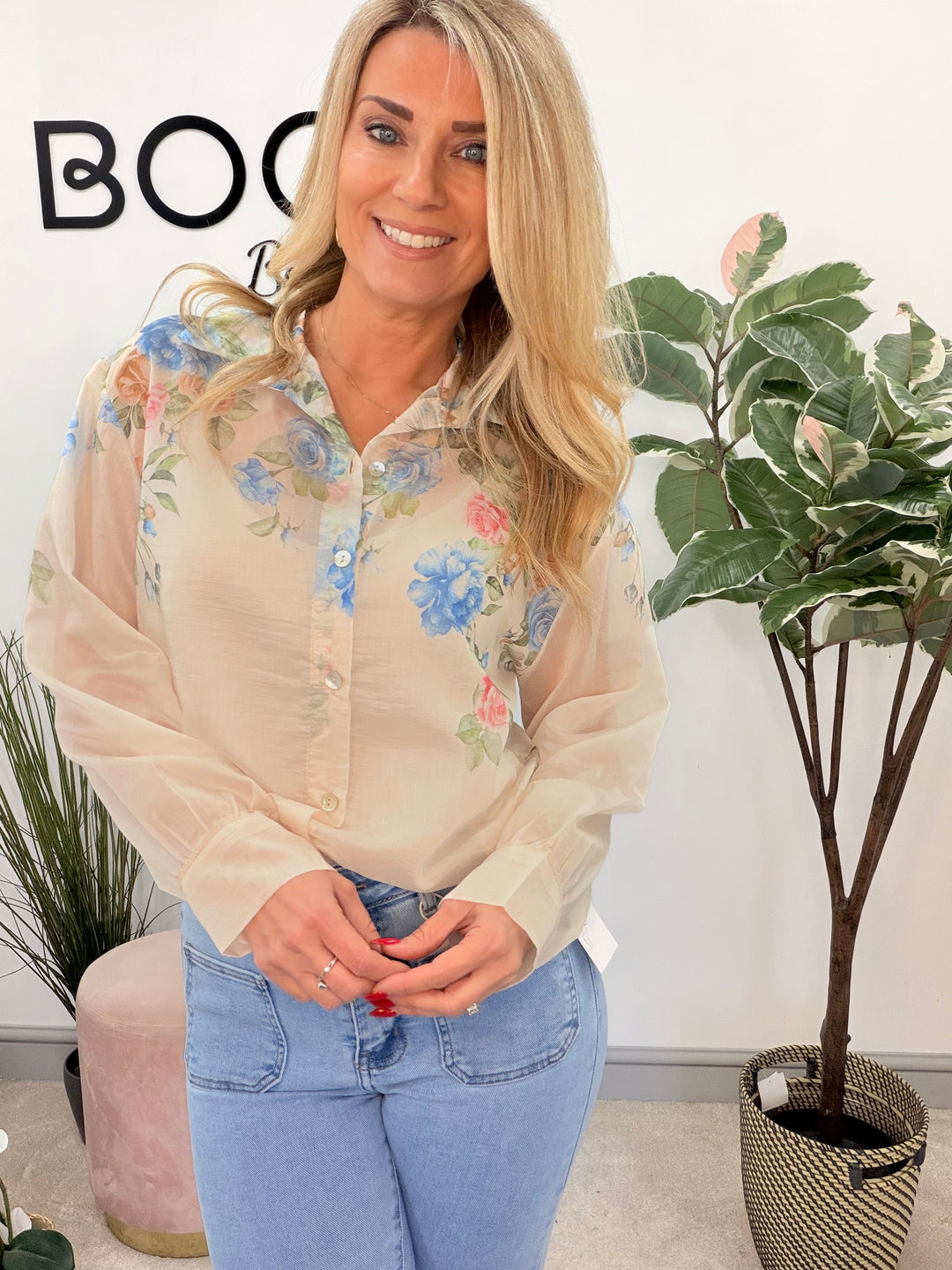 Ladies Fashion Floral Print Sheer Blouse Top - pink, lemon, blue