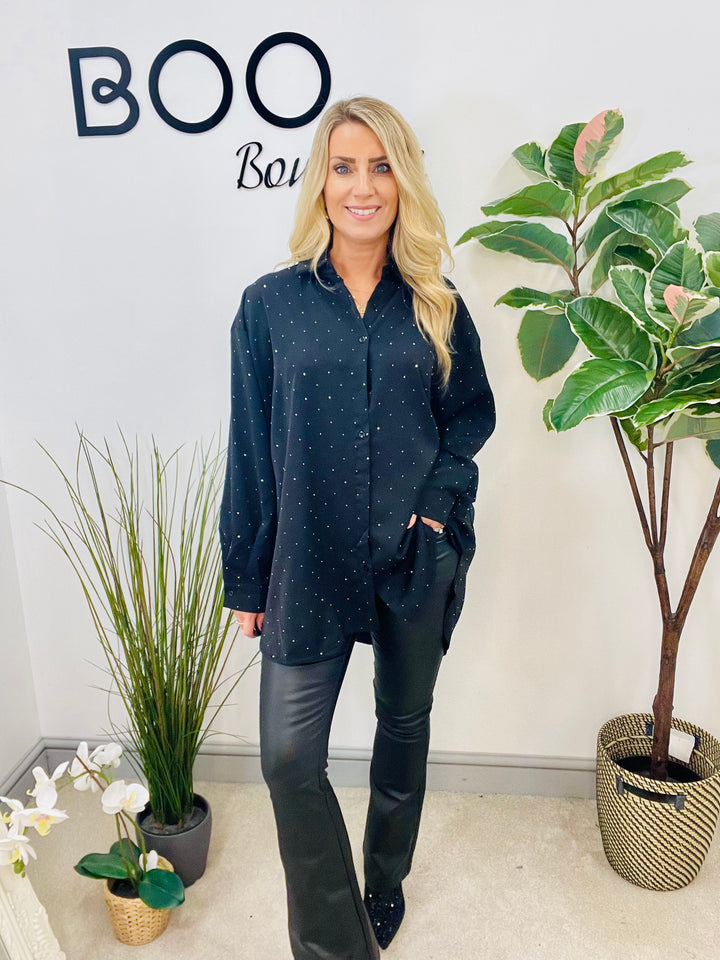 LADIES BLACK LOOSE FIT SPARKLY STUD SHIRT BLOUSE