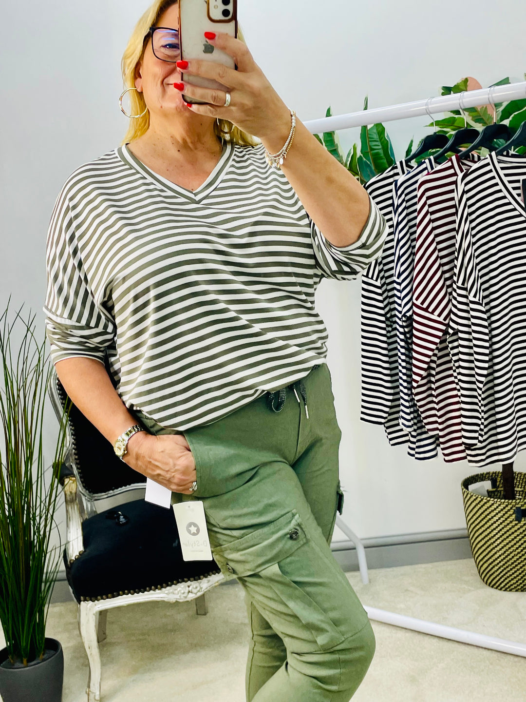 LADIES CASUAL STRIPE LOOSE FIT TOP - KHAKI, NAVY, WINE, BLACK & BROWN