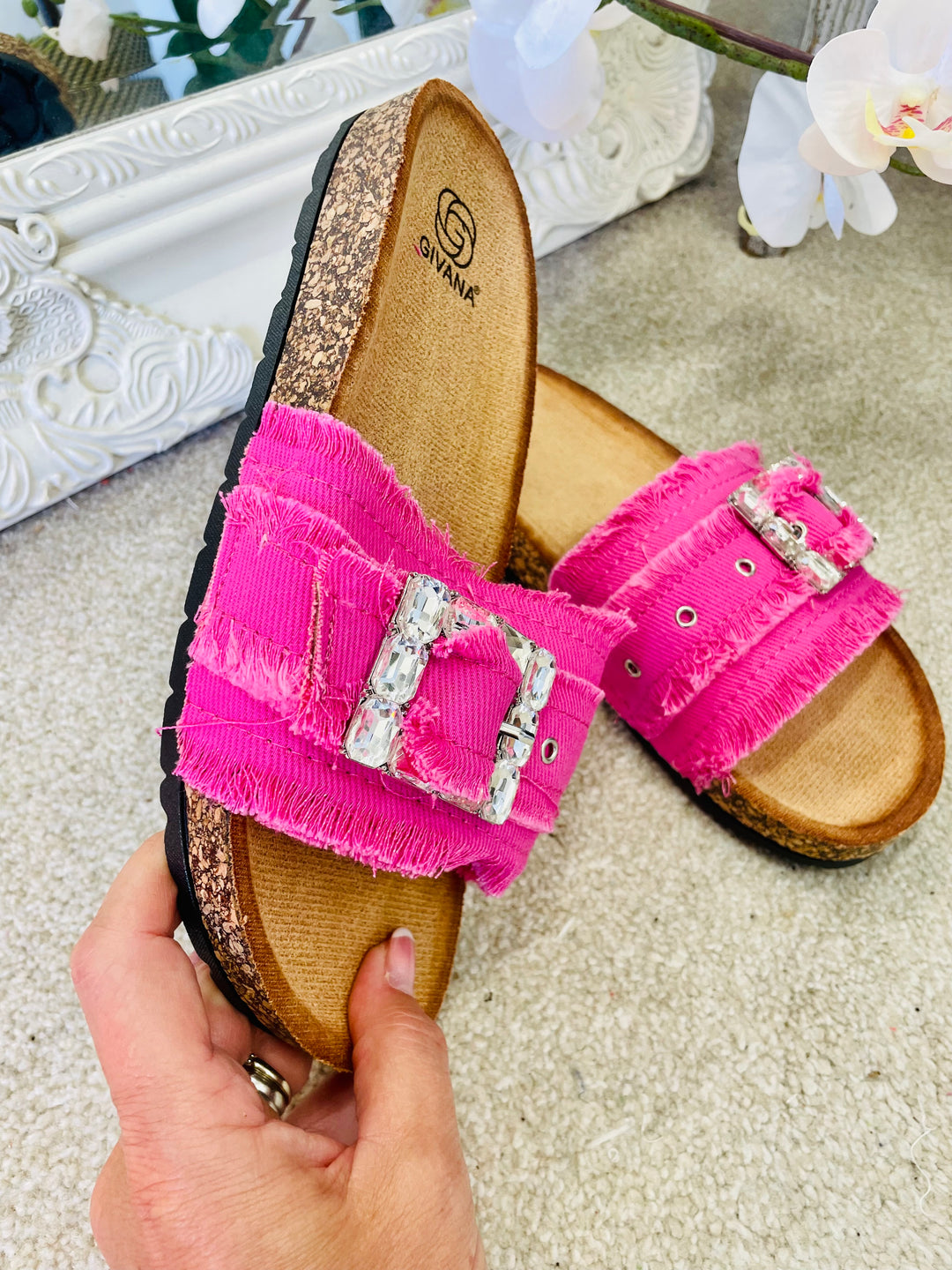 LADIES WOMENS PINK DENIM DIAMANTE BUCKLE SLIDER SUMMER SANDALS