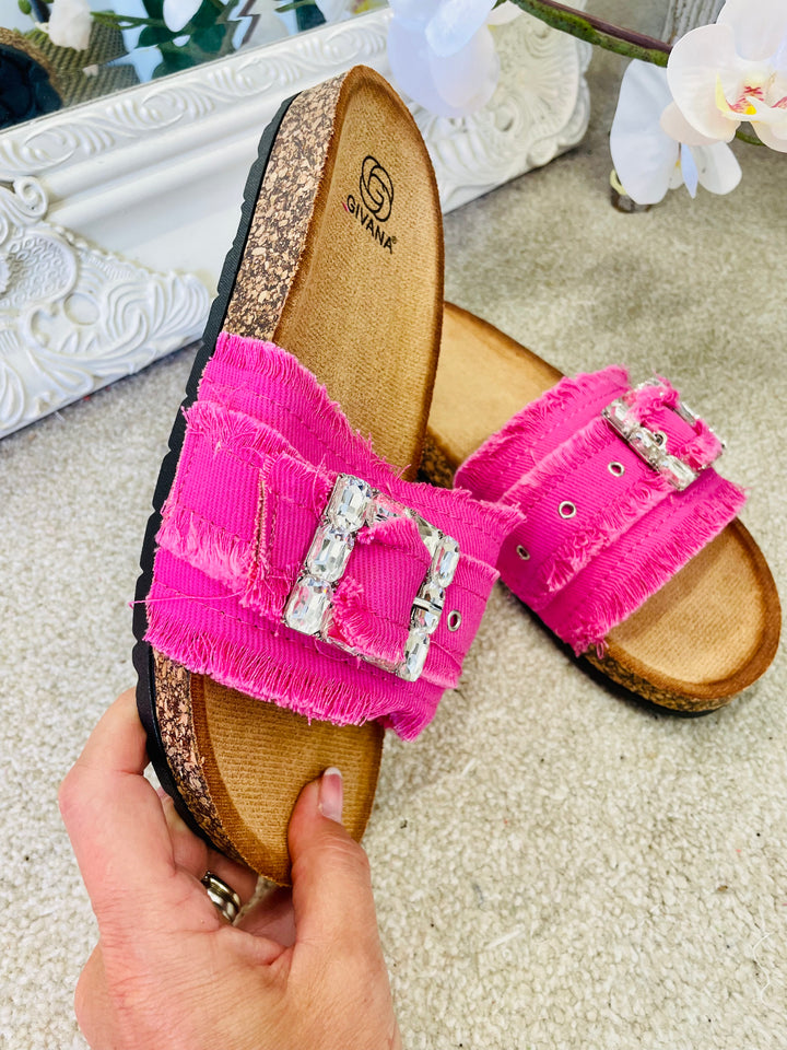 LADIES WOMENS PINK DENIM DIAMANTE BUCKLE SLIDER SUMMER SANDALS