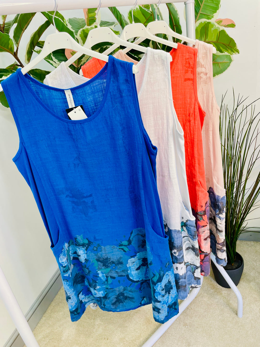 LADIES LINEN COTTON SHIFT SUMMER DRESS - BLUE, PINK, WHITE & CORAL