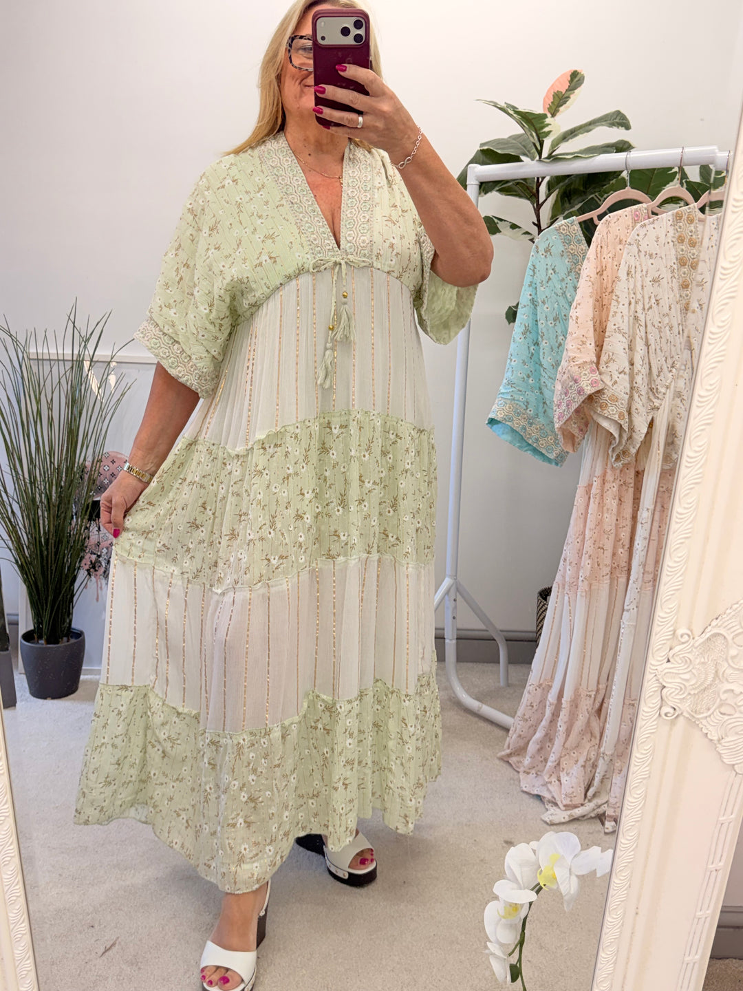 Ladies Fashion Boho Summer Maxi Dress - Pink, Cream, Mint & Blue