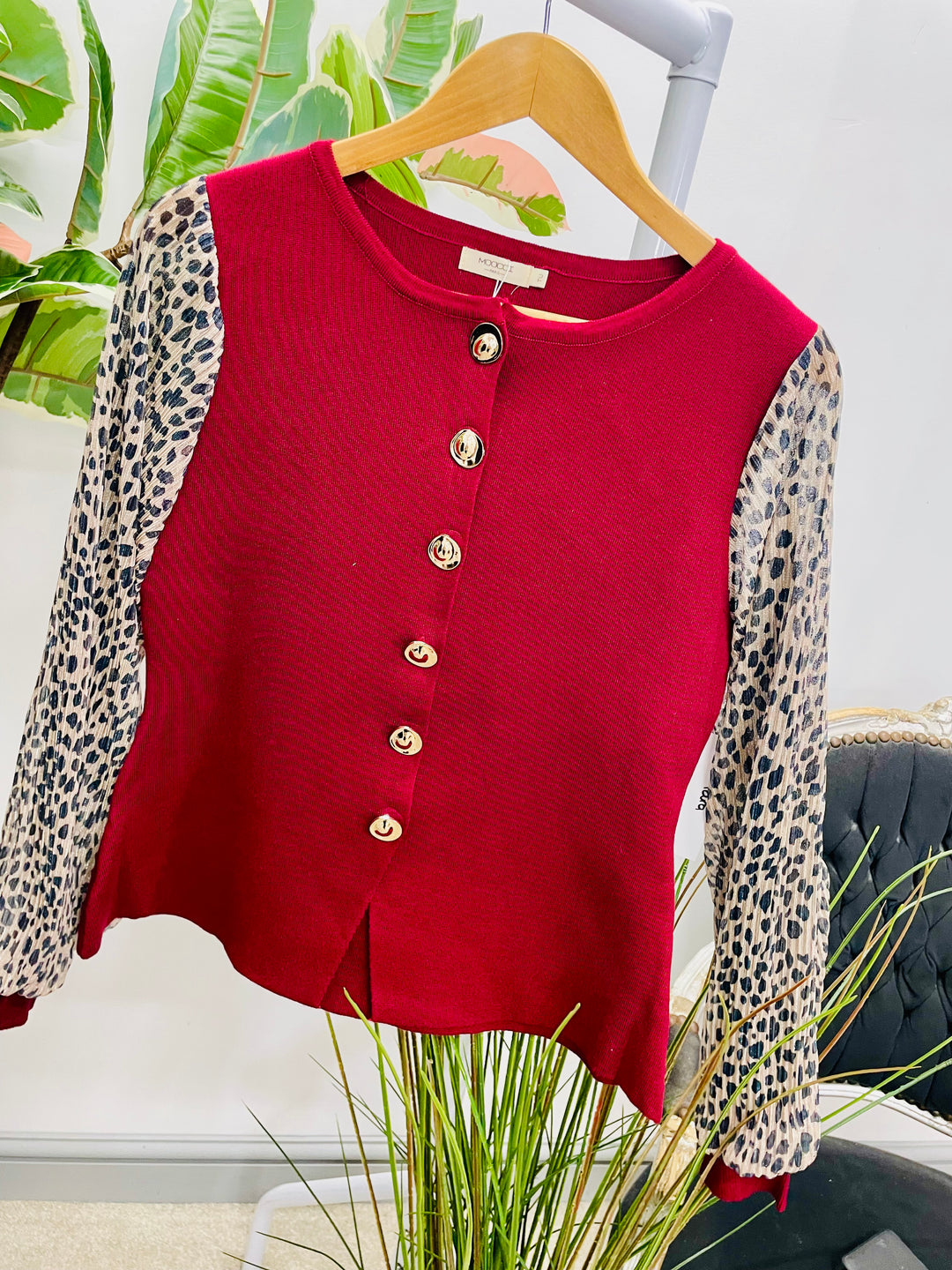 LADIES KNITTED LEOPARD SLEEVE CARDIGAN TOP - BLACK, WINE, BROWN