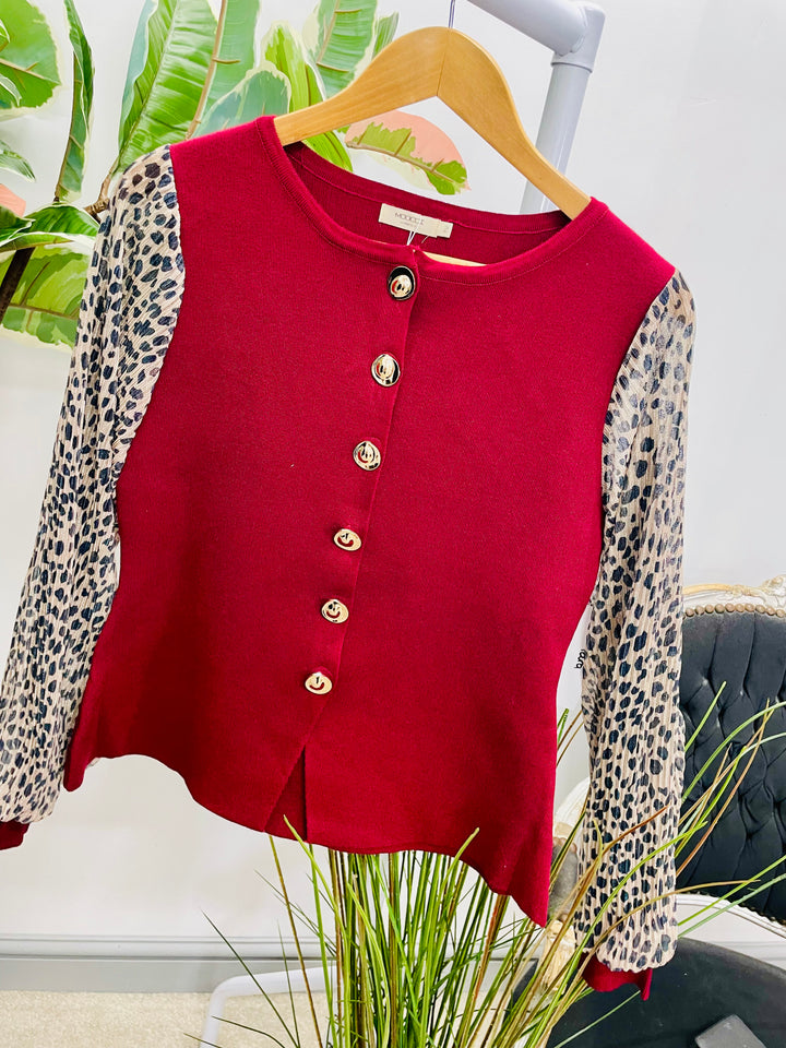 LADIES KNITTED LEOPARD SLEEVE CARDIGAN TOP - BLACK, WINE, BROWN