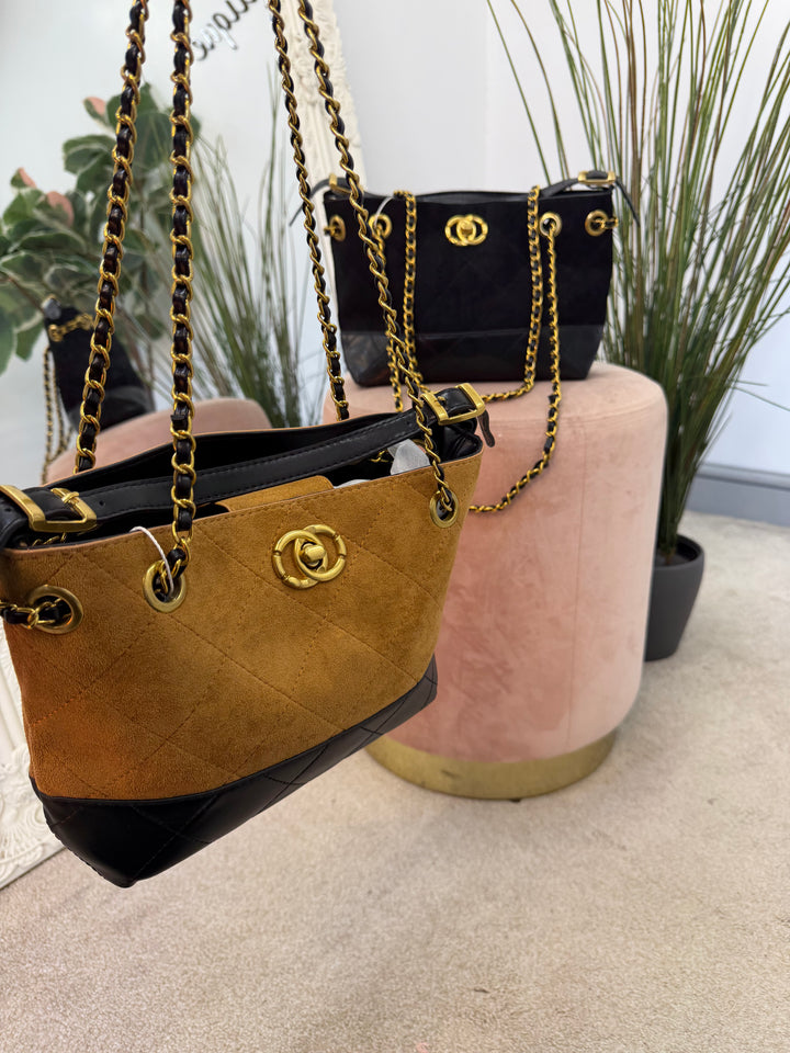 Ladies Fashion Inspired Faux Suede Handbag - black & camel