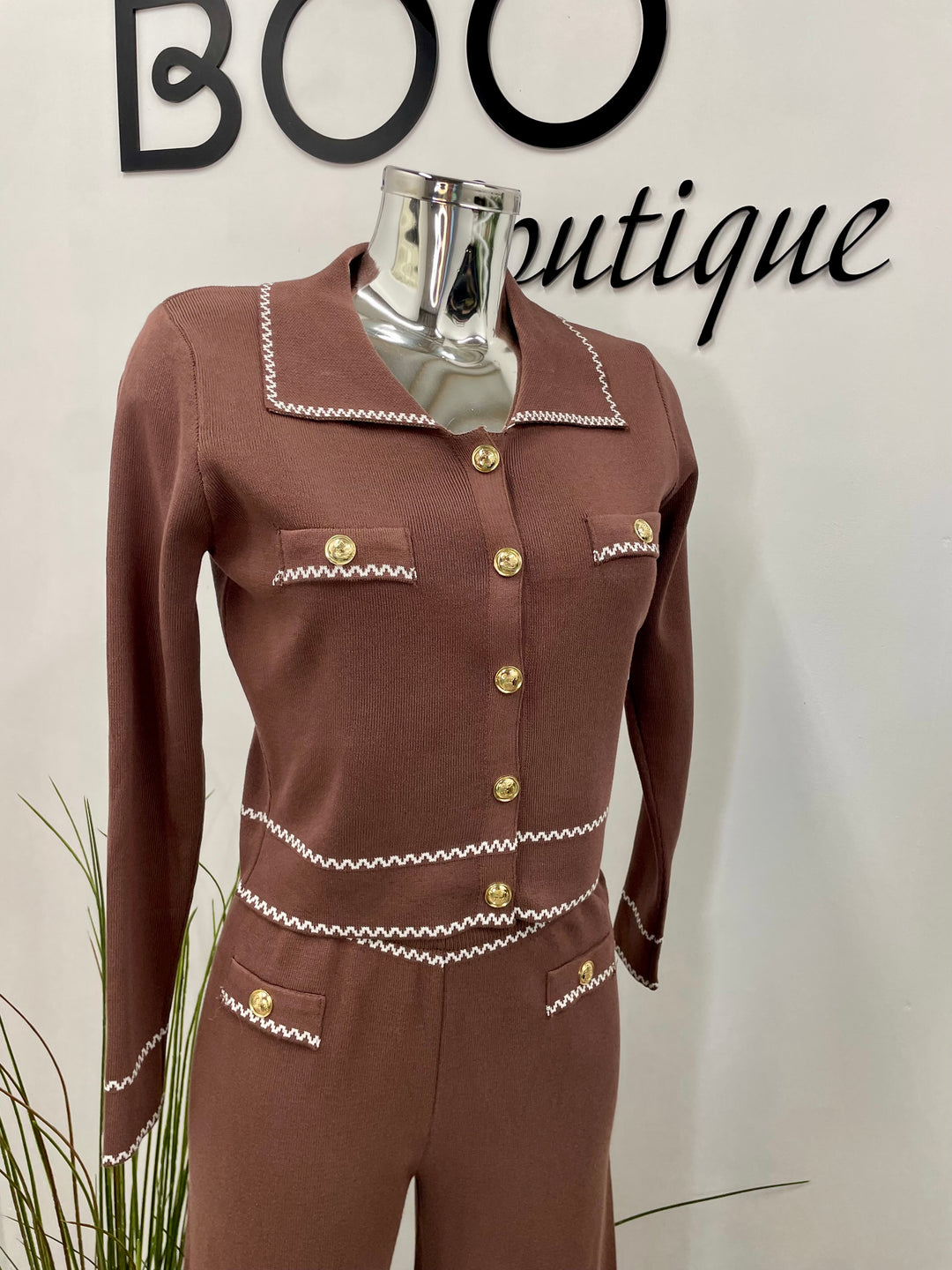 LADIES STRAIGHT LEG TROUSER CO ORD SET - BLACK AND BROWN