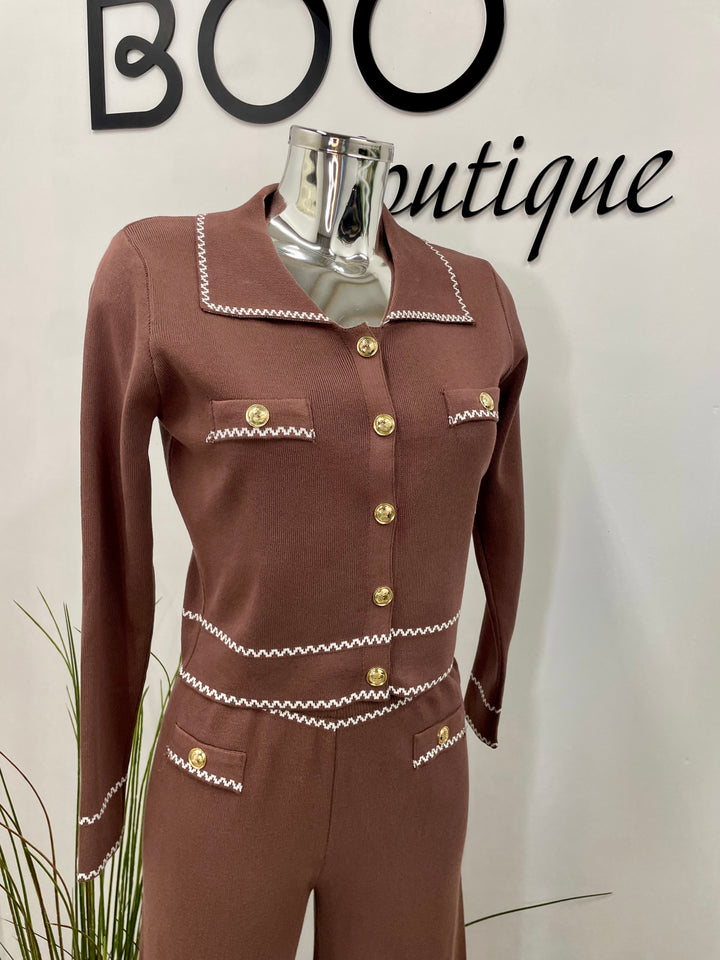 LADIES STRAIGHT LEG TROUSER CO ORD SET - BLACK AND BROWN