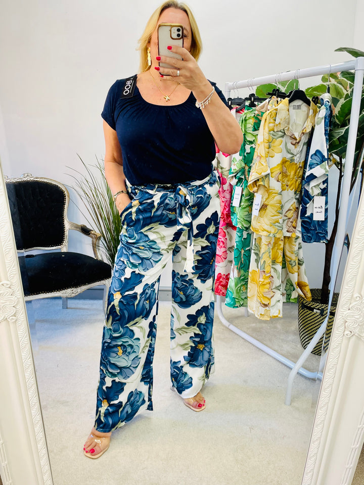 LADIES FLORA PRINT SATIN WIDE LEG PALAZZO TROUSERS - PINK, NAVY, GREEN, BLACK, YELLOW