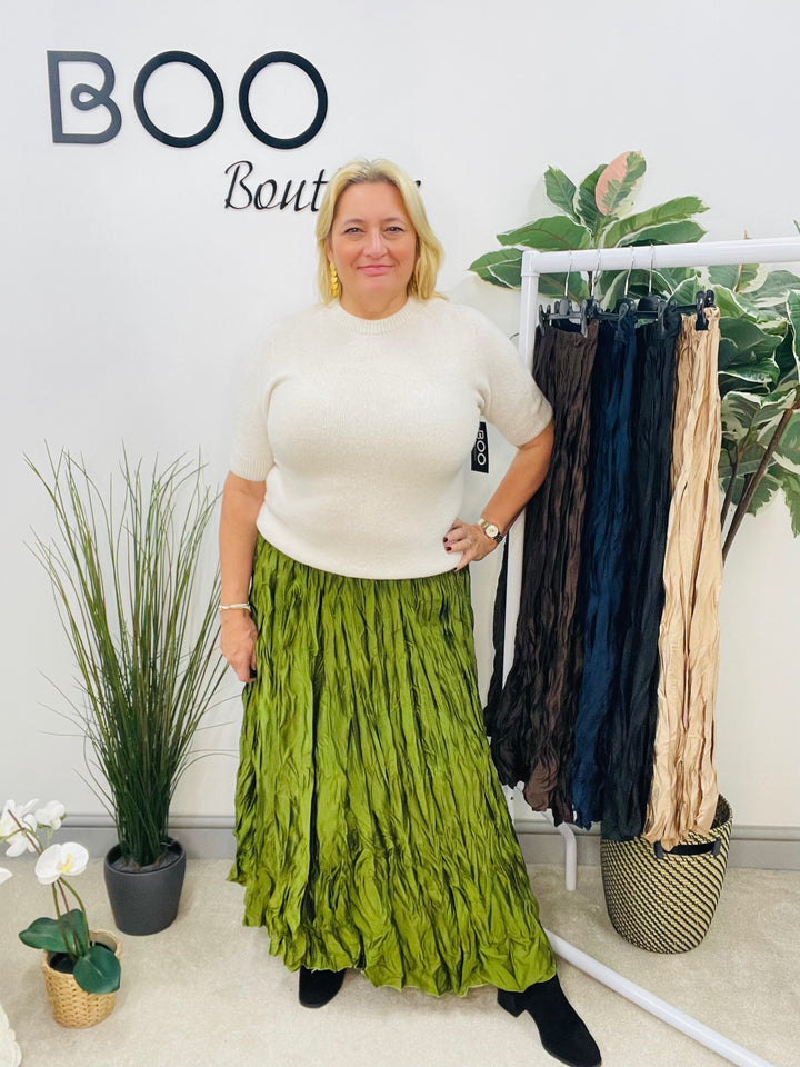 LADIES CRINKLE SATIN MAXI SKIRT - OLIVE, BROWN, NAVY, BLACK, GOLD