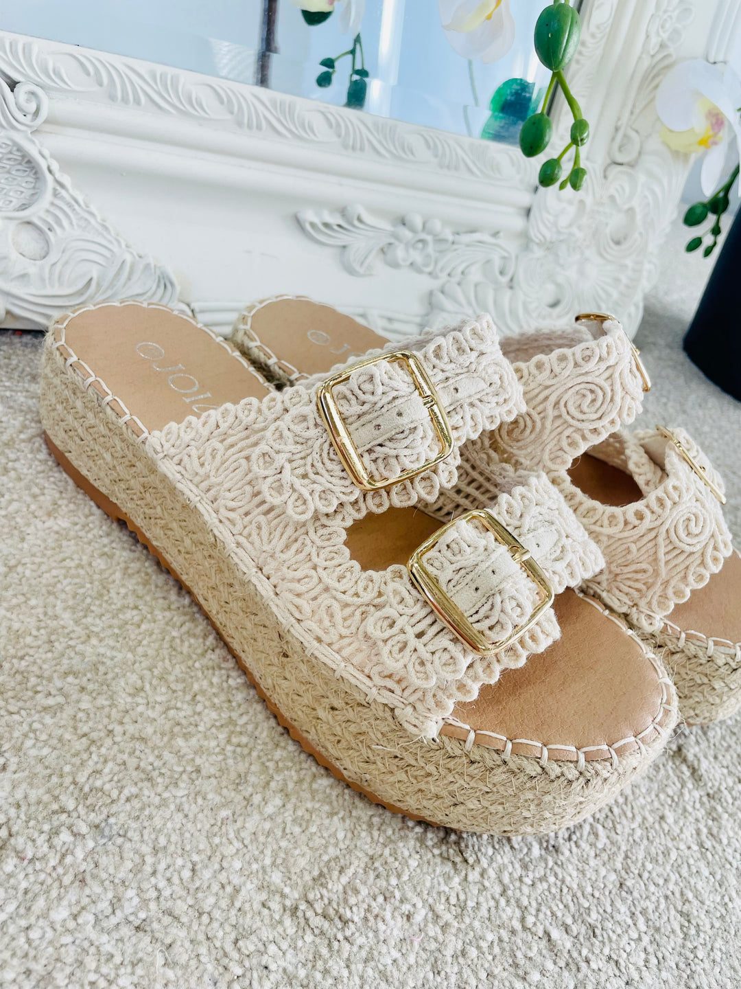 LADIES WOMENS CREAM CROCHET FLATFORM SUMMER SLIDER SANDALS