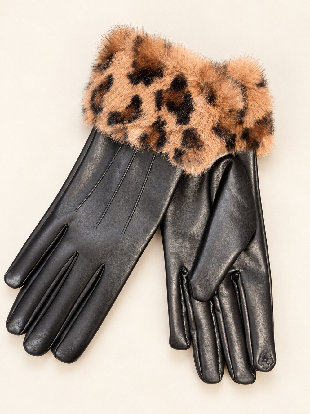 Womens Faux Leather & Fur Cuff Gloves - Black & Brown