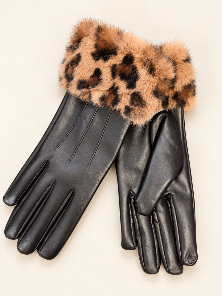 Womens Faux Leather & Fur Cuff Gloves - Black & Brown