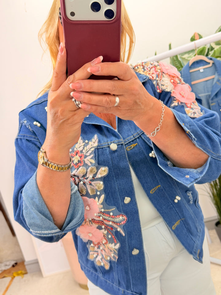 Ladies Blue Denim Applique Flower & Pearl Jacket - Pink & Mint