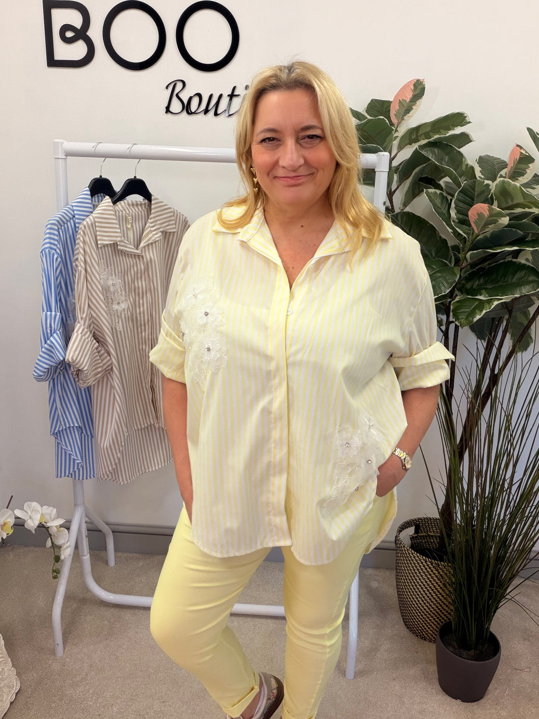 LADIES FASHION STRIPE COTTON SHIRT - YELLOW, BEIGE & BLUE