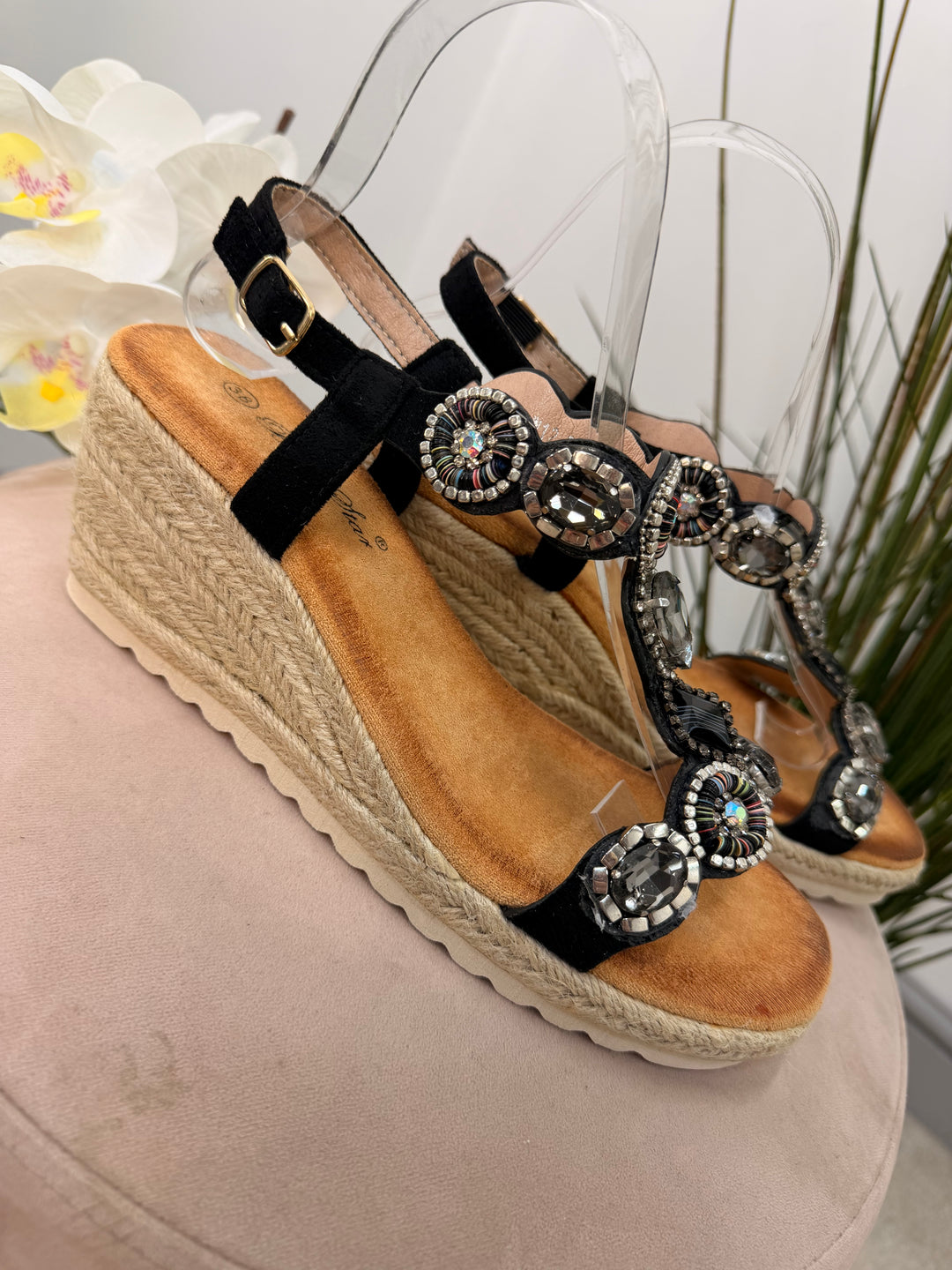 Ladies Fashion Black Jewelled Mid Wedge Heel Sandals