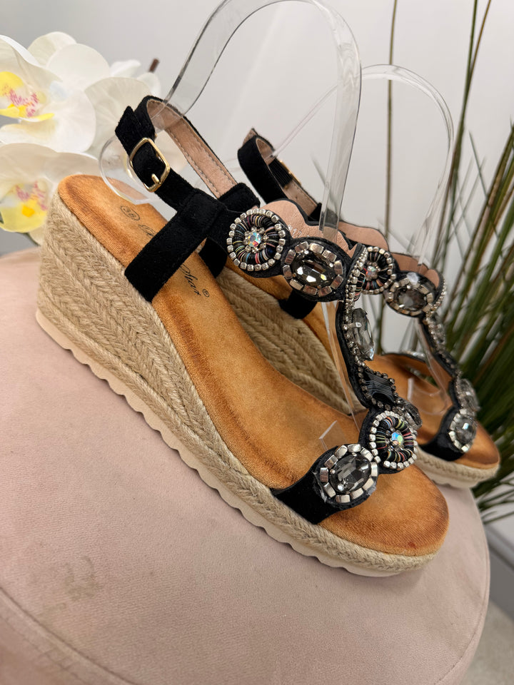 Ladies Fashion Black Jewelled Mid Wedge Heel Sandals