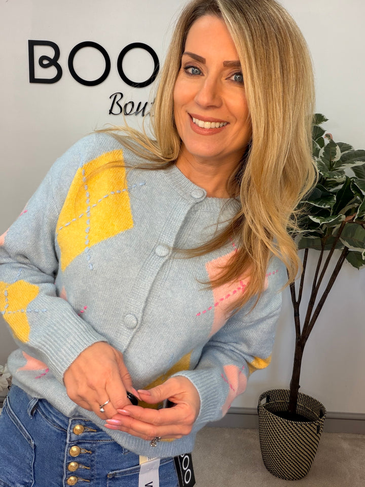 Ladies Fashion Diamond Argyle Cardigan - pink, blue & cream