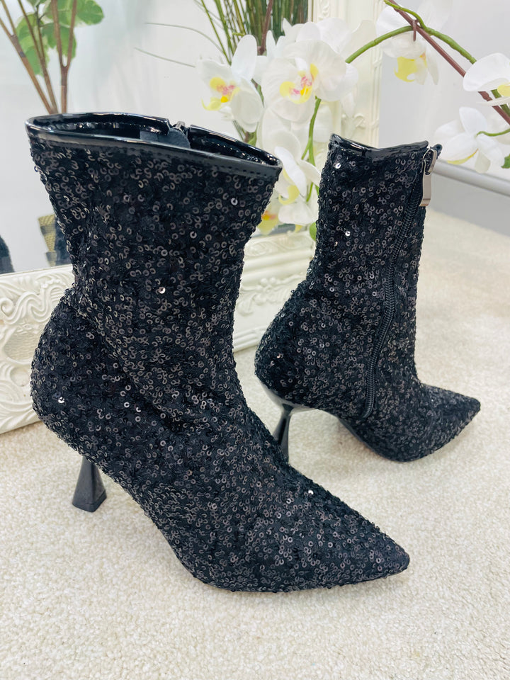 BLACK SEQUIN SHAPED HEEL BOOTS ( 6172 )