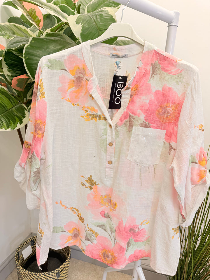 Ladies Floral Print Light Linen Grandad Shirt Top - White, Navy & Lemon