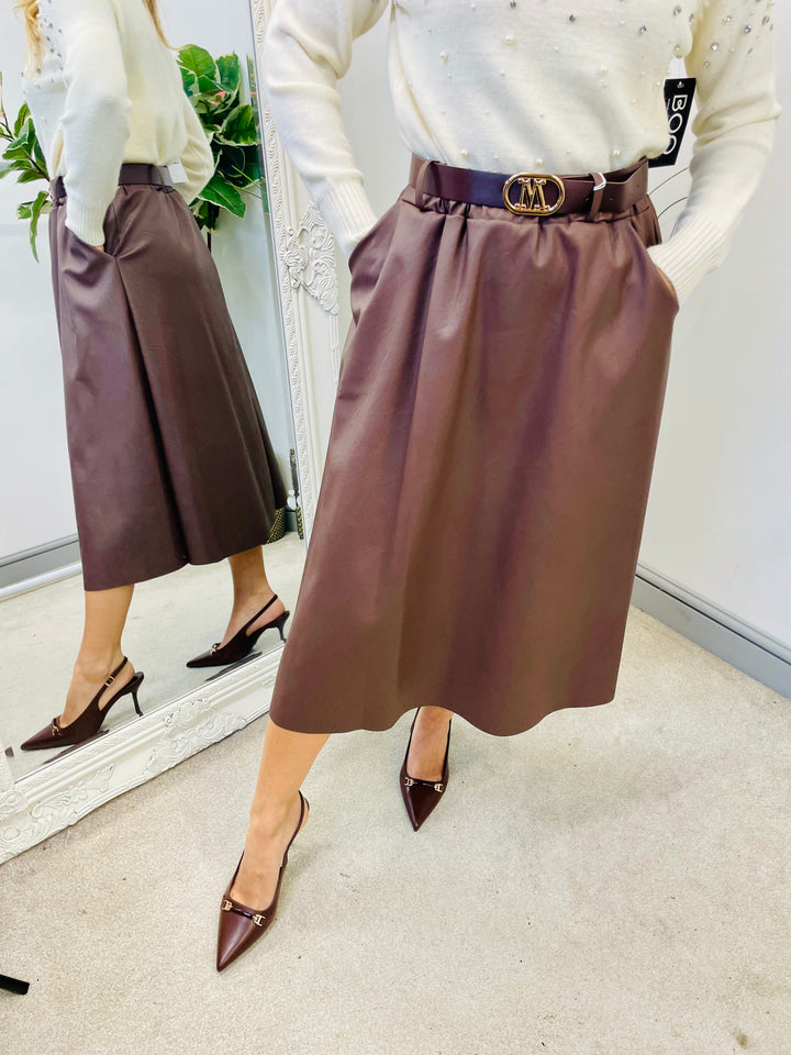 LADIES FAUX LEATHER MIDI SKIRT - CHOCOLATE BROWN & BLACK