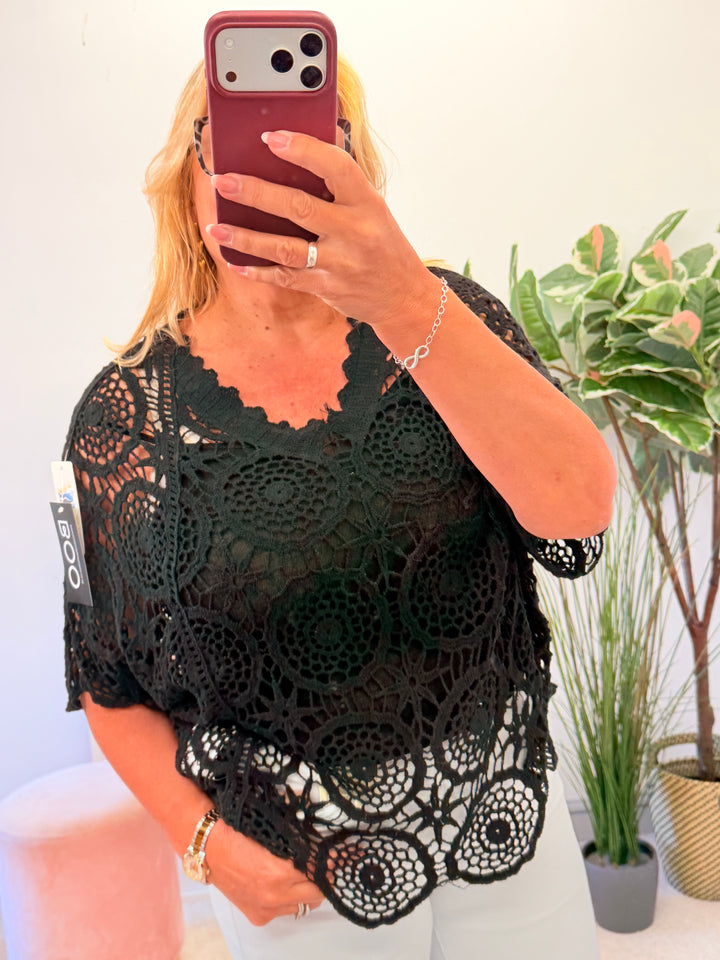 Ladies Fashion Crochet Top - White, Coral, Black, Pink