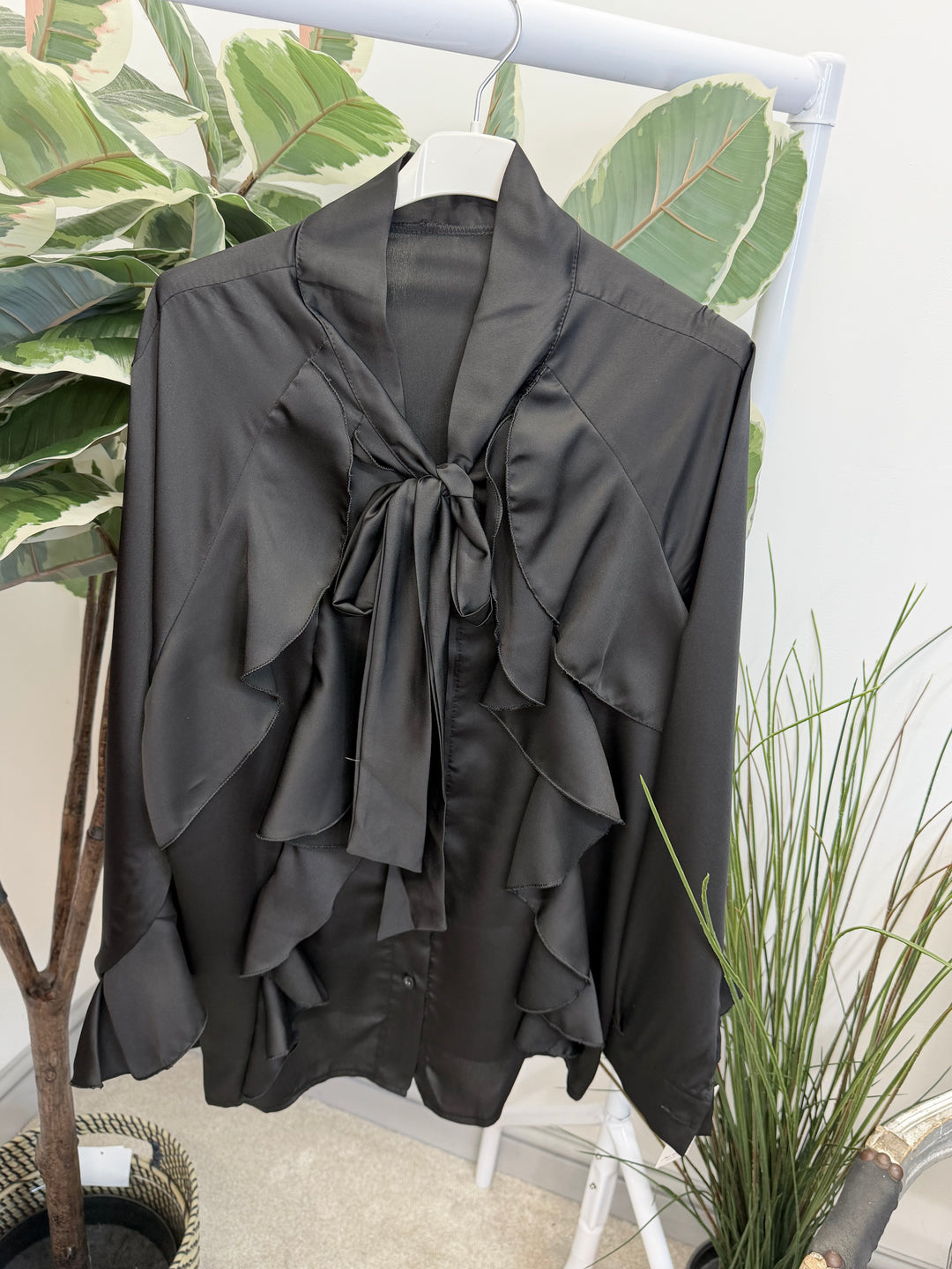 LADIES SATIN FLAMENCO FRILL BLOUSE SHIRT - RED, BLACK, WHITE