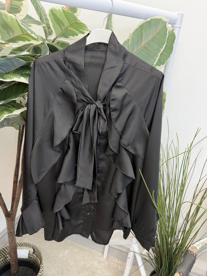 LADIES SATIN FLAMENCO FRILL BLOUSE SHIRT - RED, BLACK, WHITE