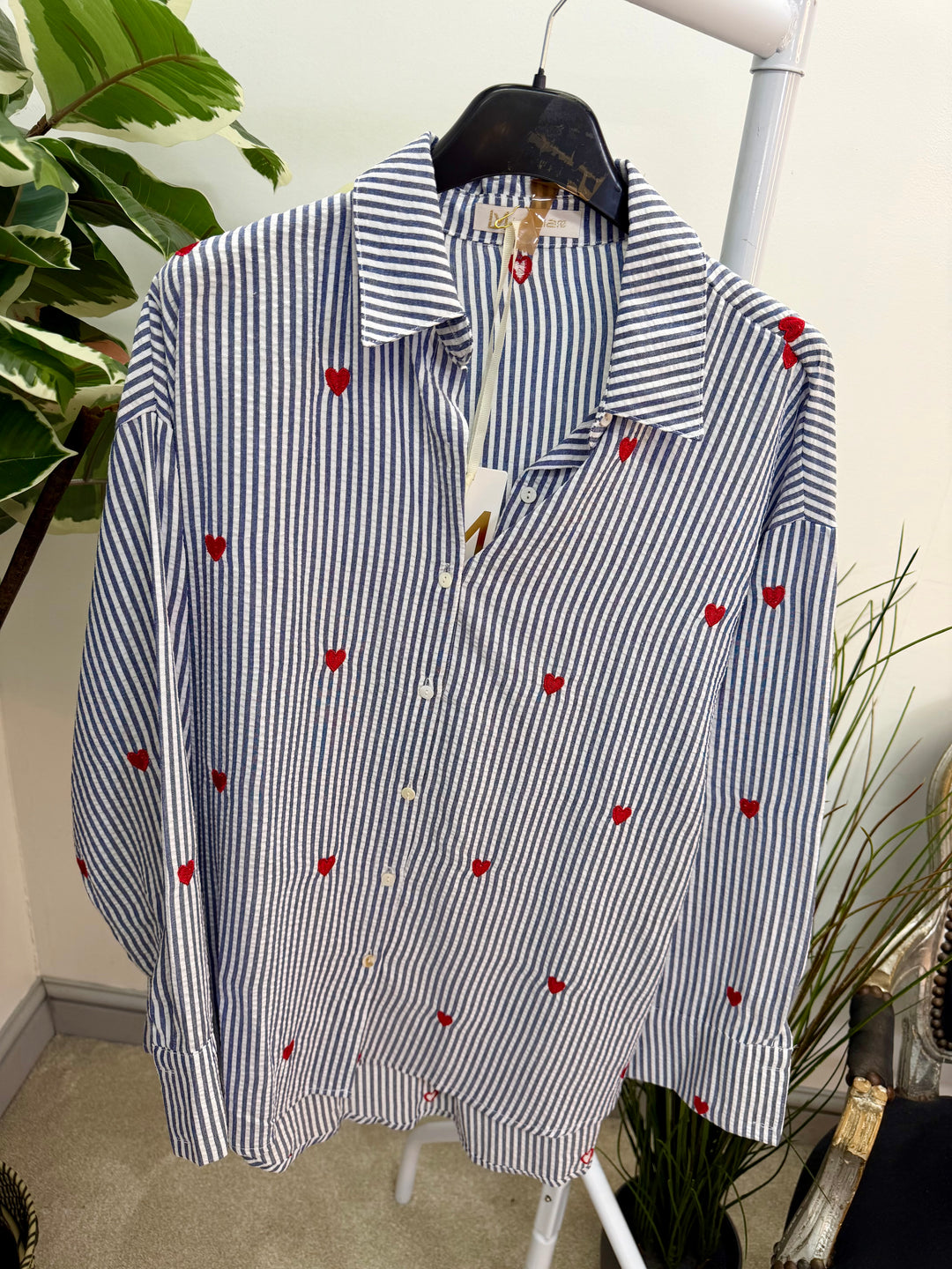 Ladies Fashion Pinstripe Shirt - Navy, Blue & Beige