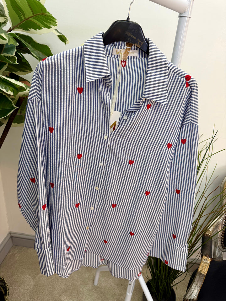 Ladies Fashion Pinstripe Shirt - Navy, Blue & Beige