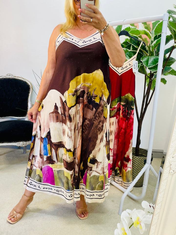 LADIES SUMMER SATIN STUNNING MAXI DRESS - BROWN & BURGUNDY