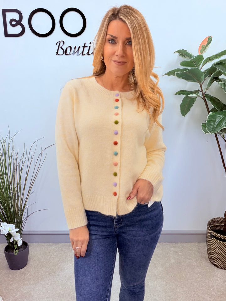 LADIES CREAM MULTI COLOURED BUTTON CARDIGAN TOP