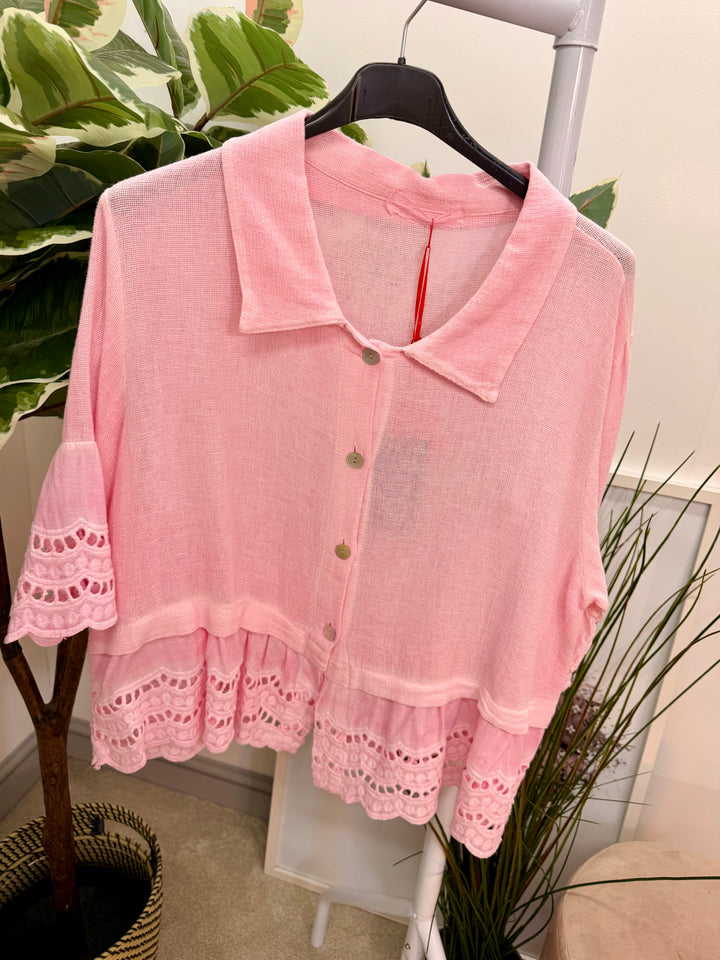 Ladies Fashion Broderie Anglaise Teabag Linen Top candy pink