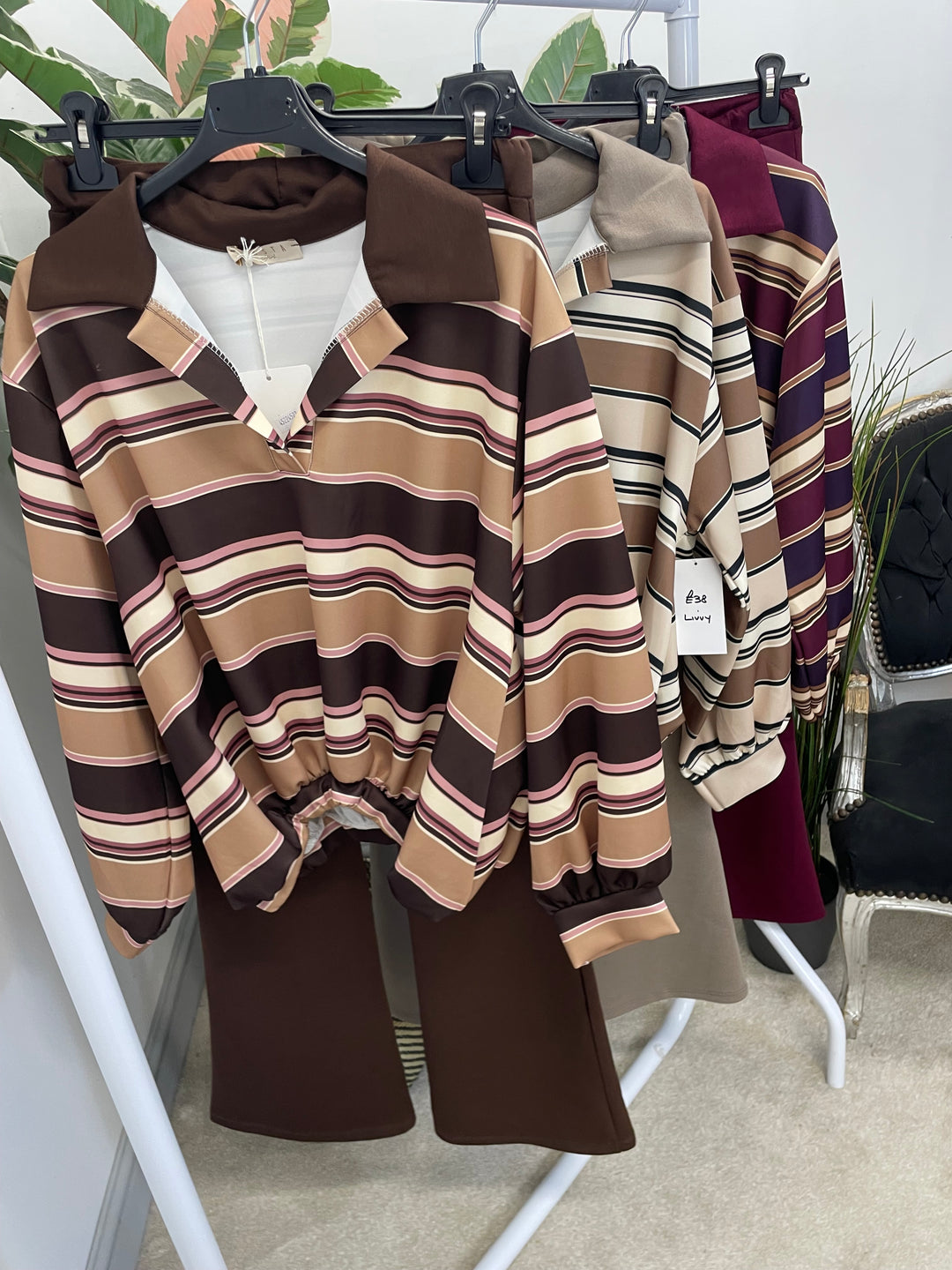 LADIES RUGBY TOP STRAIGHT LEG CO ORD SET - PLUM, MOCHA, BROWN