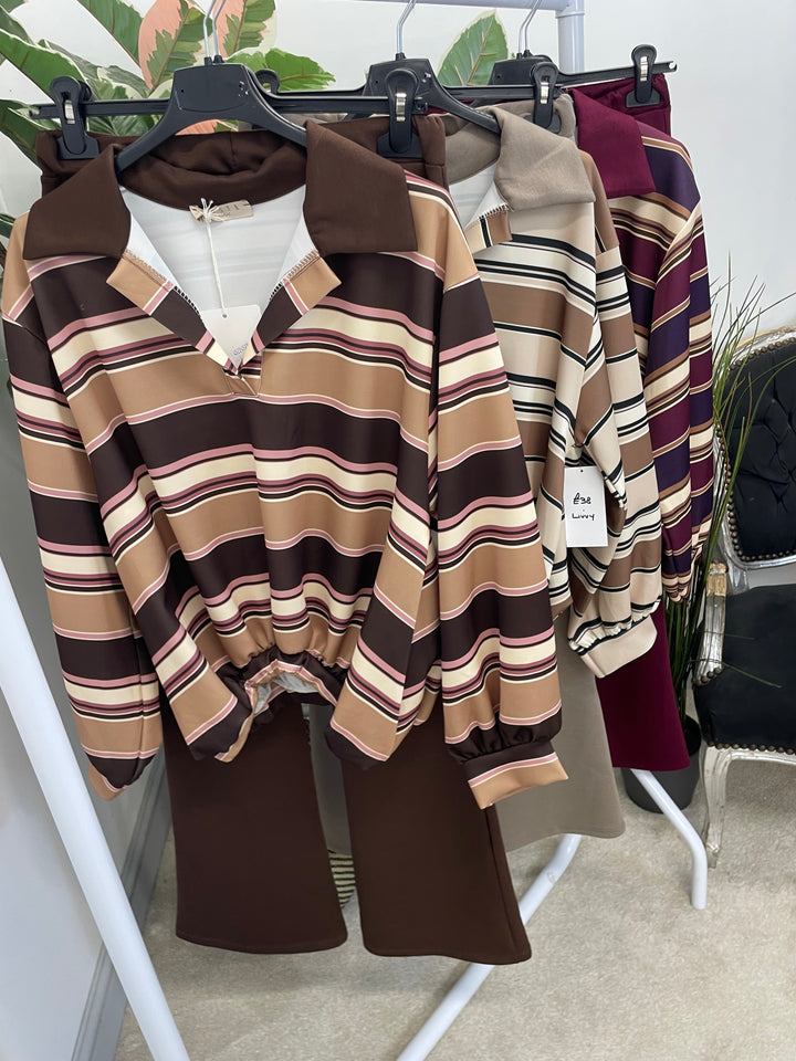 LADIES RUGBY TOP STRAIGHT LEG CO ORD SET - PLUM, MOCHA, BROWN