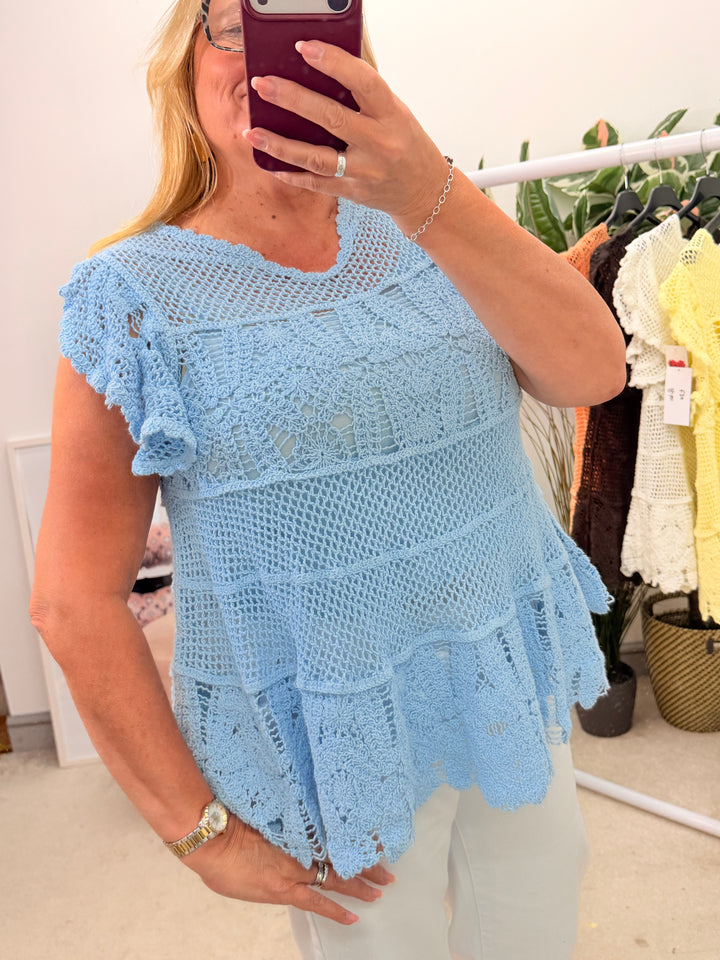 Ladies Pretty Crochet Top - lemon, white, blue, brown & coral 