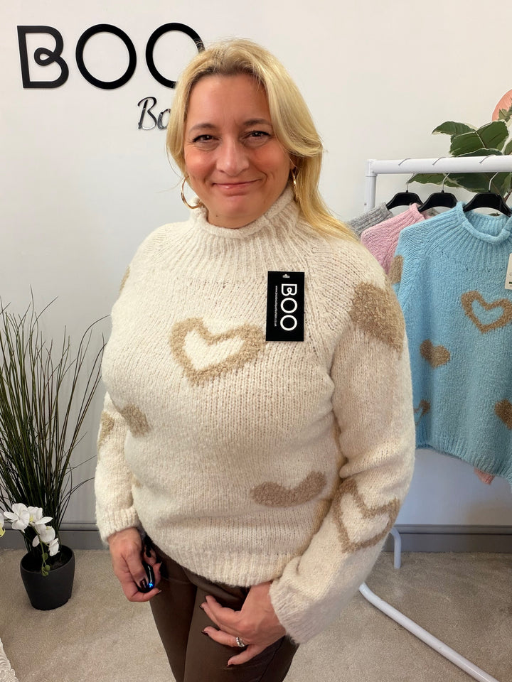 LADIES FASHION CHUNKY KNIT HEART JUMPER - PINK, BLUE, BEIGE & GREY