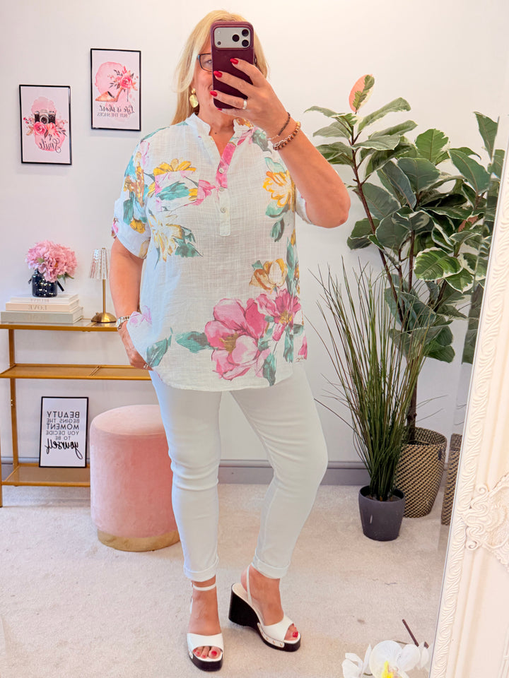 Ladies Light Linen Flower Print Grandad Shirt Top
