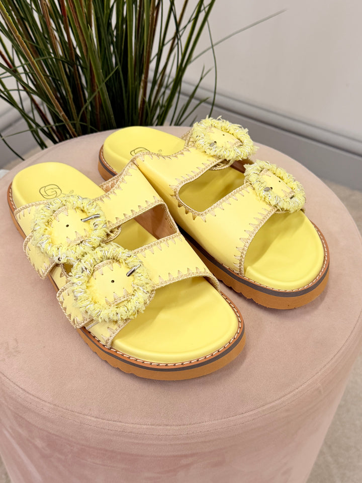 Ladies Fashion Buckle Comfy Moulded Footbed Slider Sandals lemon yellow