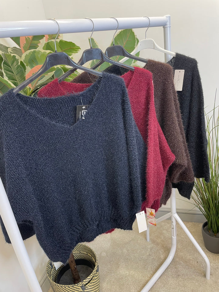 LADIES FLUFFY KNIT V NECK JUMPER - BROWN, BERRY, BLACK & NAVY