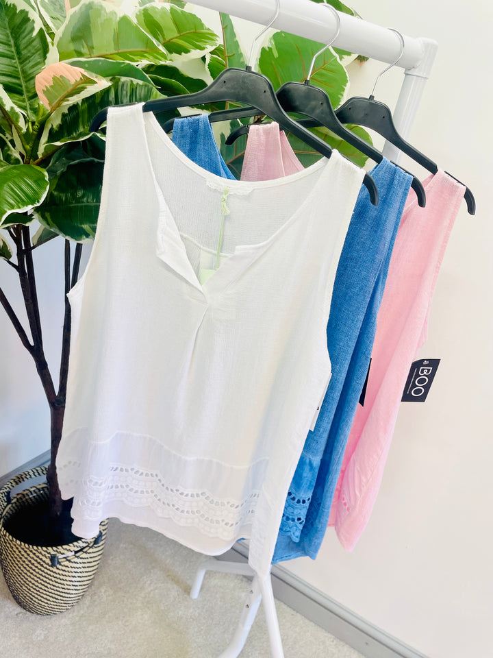 LADIES WOMENS TEA BAG LINEN SLEEVELESS LACE VEST TOP - BLUE PINK & WHITE