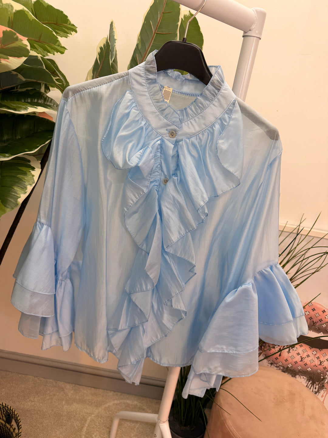 Ladies Fashion Sheer Ruffle Front Blouse Top - white, pink, blue, sage, lemon