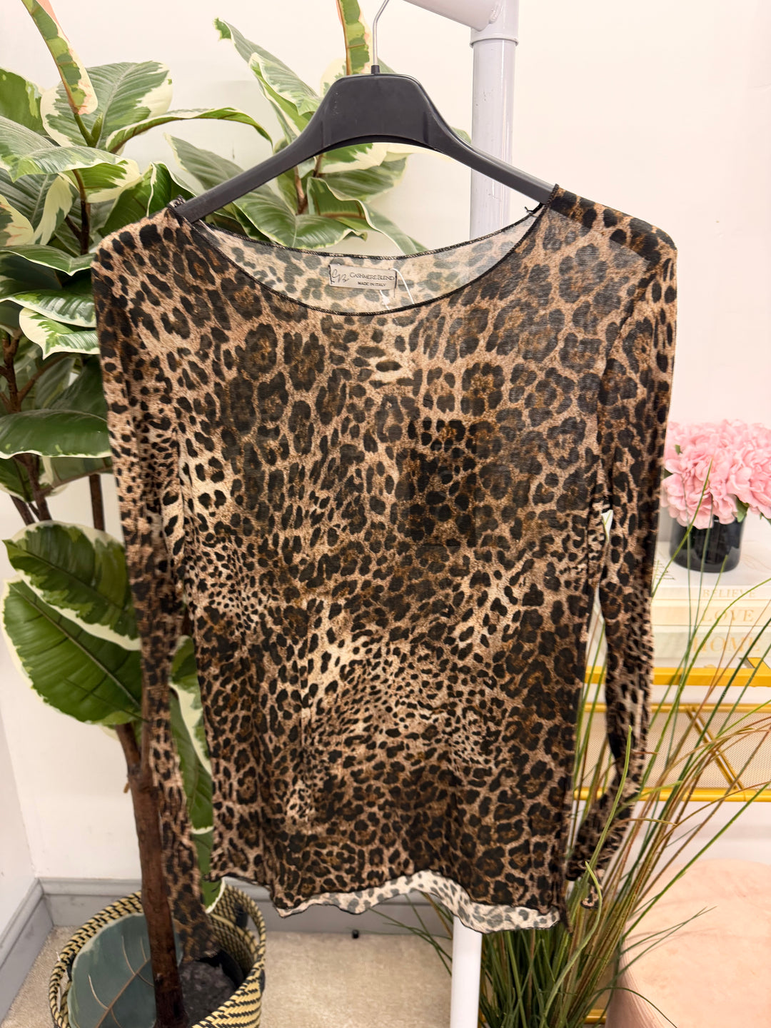 Womens sheer animal print sheer long sleeve top - brown, navy, khaki, plum, grey
