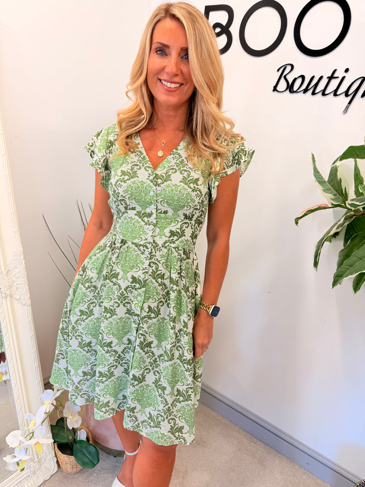 Ladies Green & White Paisley Print Summer Day Dress