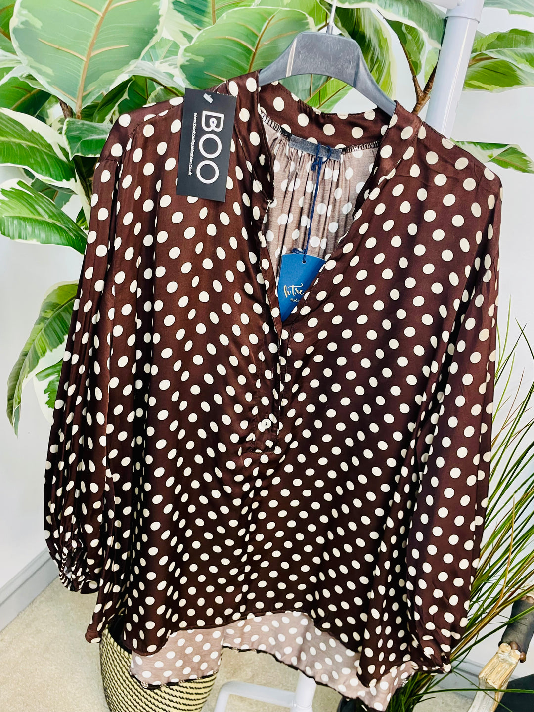 LADIES POLKA DOT SATIN BLOUSE SHIRT - NAVY, BROWN & BLACK