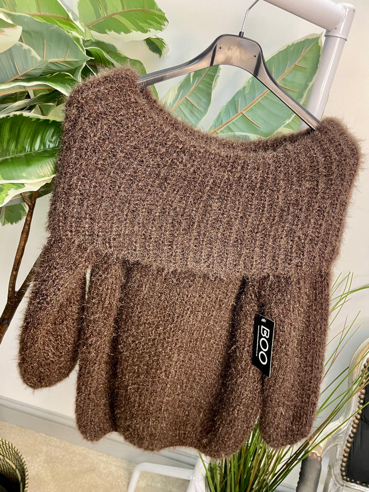 LADIES FLUFFY BARDOT JUMPER - NAVY, BLACK, WINE, MOCHA, BROWN, CREAM