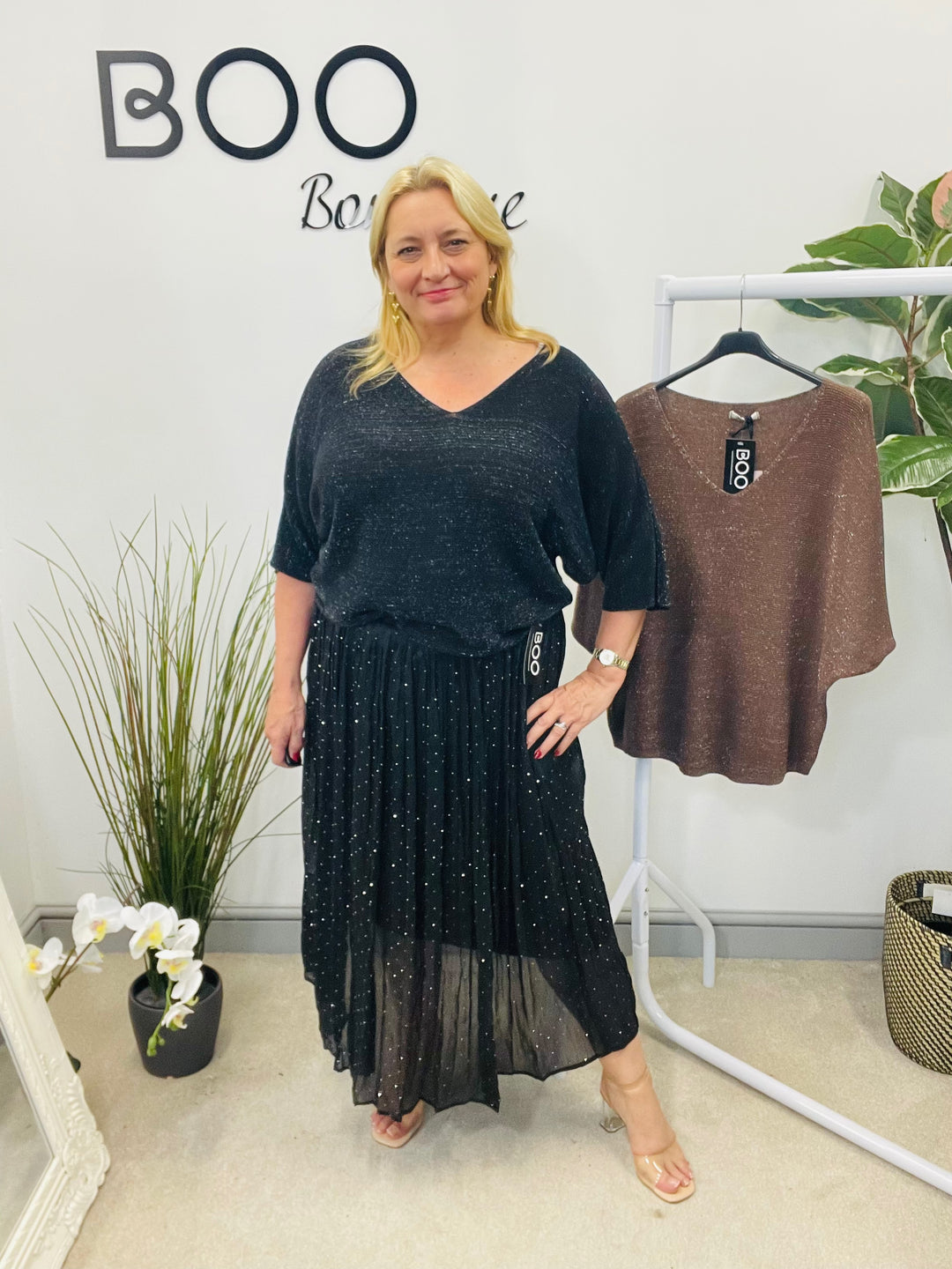 LADIES LUREX LOOSE FIT JUMPER - BLACK & BROWN