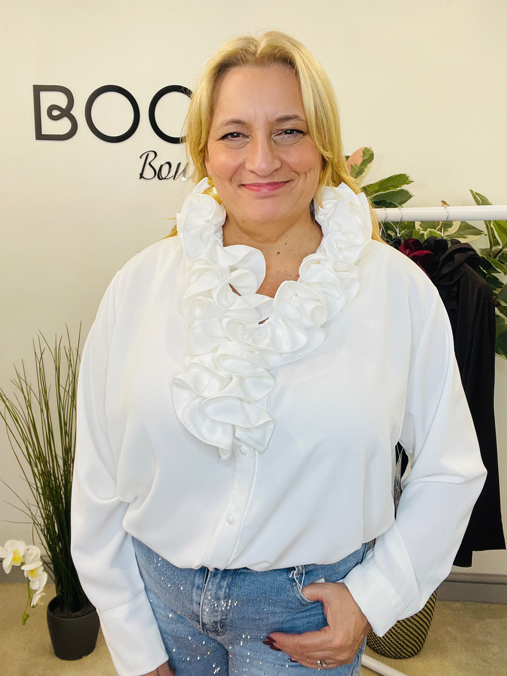 LADIES RUFFLE FRILL BLOUSE SHIRT - WHITE, BLACK, BROWN & BERRY