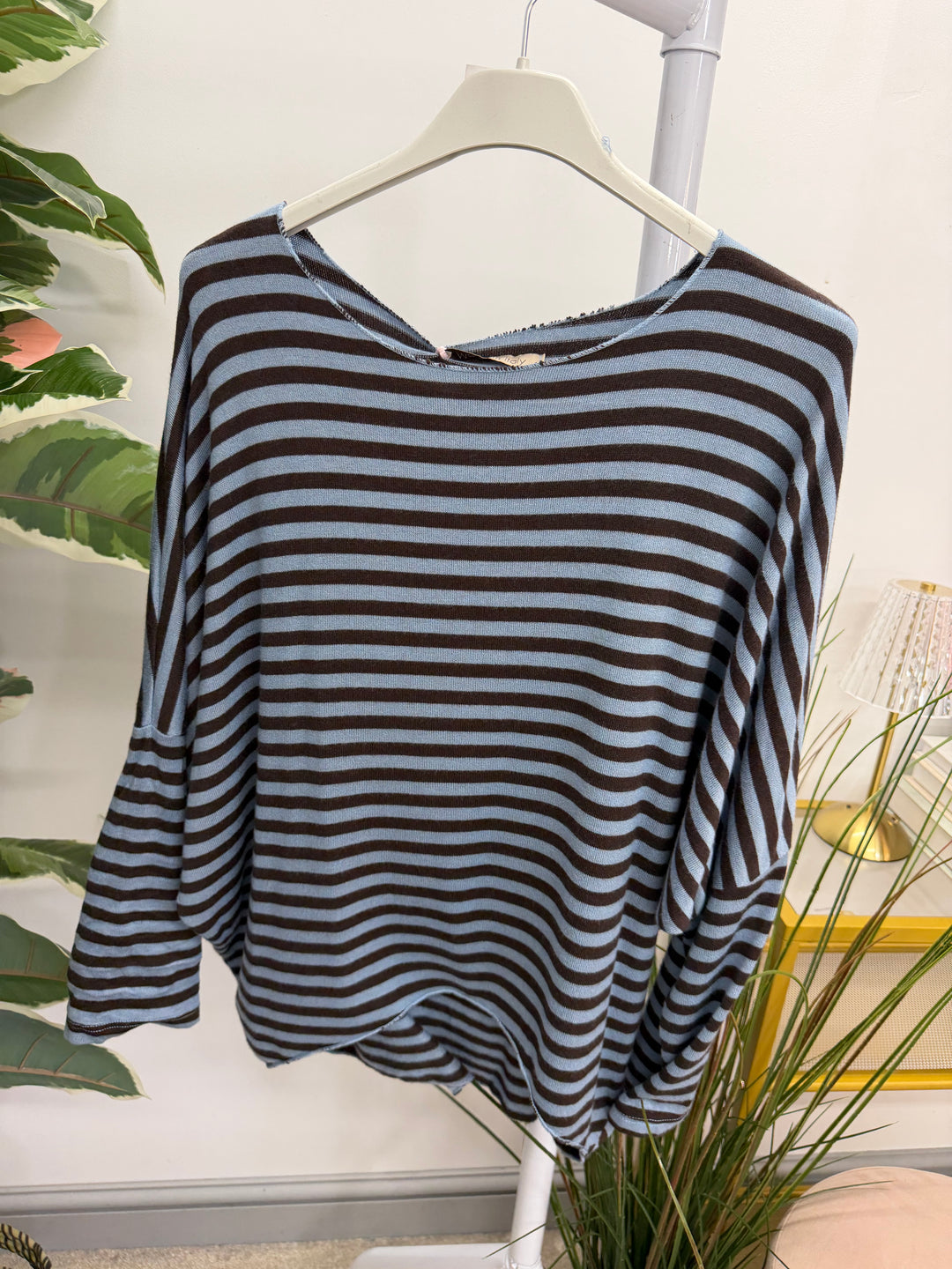 Ladies Fashion Soft Knit Stripe Top - Chocolate, Lime, Blue & Burgundy